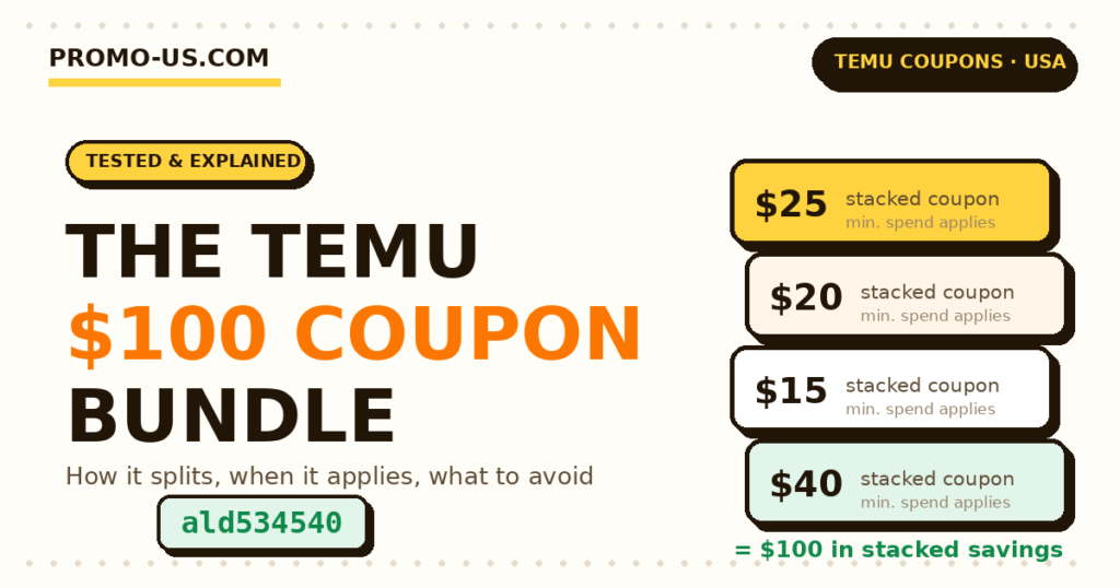 Temu $100 coupon bundle USA explained — stacked coupon tickets adding up to 100 dollars in savings
