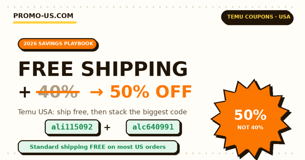 Temu free shipping and 40 percent off coupon codes USA — 40% crossed out and replaced with up to 50% off